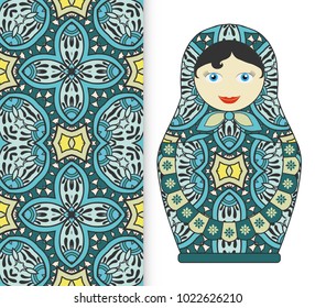 Russian doll babushka toy souvenir and seamless geometric floral doodle pattern. Decorative elements for card or invitation, fabric or paper print. Hand drawn vector illustration.