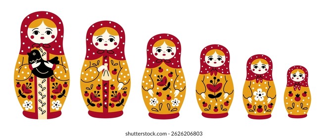 Muñeca rusa. Plegable, juguete de apertura de madera, Paquete matrioshka, decoración tradicional con motivos florales, figuras decorativas de mujer, decreciente gradualmente, juego de Vector chillón aislado de dibujos animados