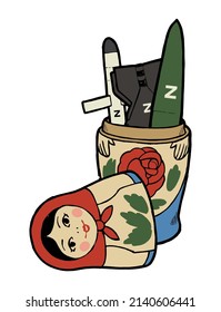 Russian doll full of missile rockets and bombs. Evil russian culture. Russian ukraine war vector illustration isolated.