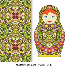 Russian doll fun toy souvenir and seamless geometric floral doodle pattern. Decorative elements for card or invitation, fabric or paper print. Hand drawn vector illustration.