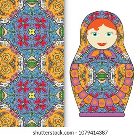 Russian doll fun toy souvenir and seamless geometric floral doodle pattern. Decorative elements for card or invitation, fabric or paper print. Hand drawn vector illustration.