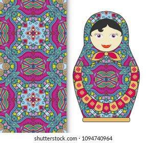 Russian doll fun toy souvenir and seamless geometric floral doodle pattern. Decorative elements for card or invitation, fabric or paper print. Hand drawn vector illustration.