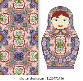 Russian doll fun toy souvenir and seamless geometric floral doodle pattern. Decorative elements for card or invitation, fabric or paper print. Hand drawn vector illustration.