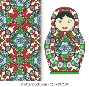Russian doll fun toy souvenir and seamless geometric floral doodle pattern. Decorative elements for card or invitation, fabric or paper print. Hand drawn vector illustration.