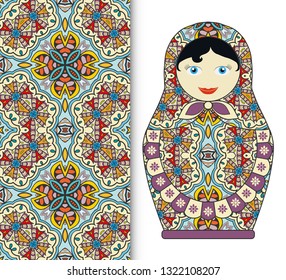 Russian doll fun toy souvenir and seamless geometric floral doodle pattern. Decorative elements for card or invitation, fabric or paper print. Hand drawn vector illustration.