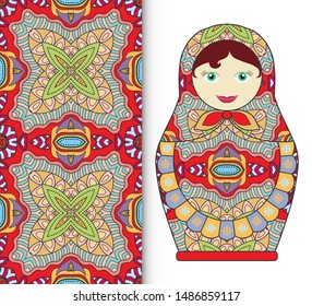 Russian doll fun toy souvenir and seamless geometric floral doodle pattern. Decorative elements for card or invitation, fabric or paper print. Hand drawn vector illustration.