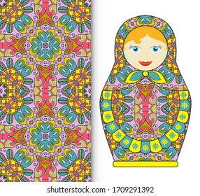 Russian doll fun toy souvenir and seamless geometric floral doodle pattern. Decorative elements for card or invitation, fabric or paper print. Hand drawn vector illustration.