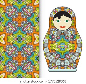 Russian doll fun toy souvenir and seamless geometric floral doodle pattern. Decorative elements for card or invitation, fabric or paper print. Hand drawn vector illustration.