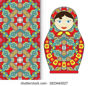 Russian doll fun toy souvenir and seamless geometric floral doodle pattern. Decorative elements for card or invitation, fabric or paper print. Hand drawn vector illustration.