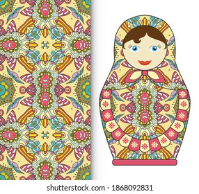 Russian doll fun toy souvenir and seamless geometric floral doodle pattern. Decorative elements for card or invitation, fabric or paper print. Hand drawn vector illustration.