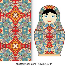 Russian doll fun toy souvenir and seamless geometric floral doodle pattern. Decorative elements for card or invitation, fabric or paper print. Hand drawn vector illustration.