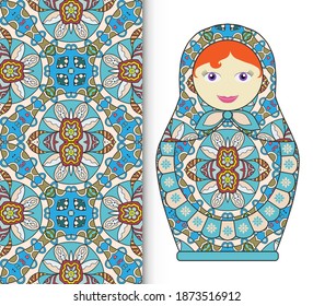 Russian doll fun toy souvenir and seamless geometric floral doodle pattern. Decorative elements for card or invitation, fabric or paper print. Hand drawn vector illustration.