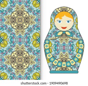 Russian doll fun toy souvenir and seamless geometric floral doodle pattern. Decorative elements for card or invitation, fabric or paper print. Hand drawn vector illustration.