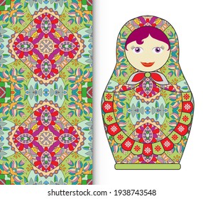 Russian doll fun toy souvenir and seamless geometric floral doodle pattern. Decorative elements for card or invitation, fabric or paper print. Hand drawn vector illustration. Folk art