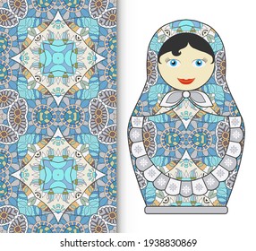 Russian doll fun toy souvenir and seamless geometric floral doodle pattern. Decorative elements for card or invitation, fabric or paper print. Hand drawn vector illustration. Folk art