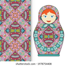 Russian doll fun toy souvenir and seamless geometric floral doodle pattern. Decorative elements for card or invitation, fabric or paper print. Hand drawn vector illustration.