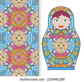 Russian doll fun toy souvenir and seamless geometric floral doodle pattern. Decorative elements for card or invitation, fabric or paper print. Hand drawn vector illustration.