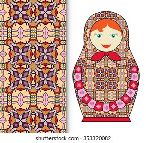 Russian doll fun toy souvenir and seamless geometric floral pattern. Decorative elements for card or invitation, fabric or paper print. Hand drawn vector illustration.