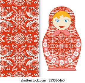 Russian doll fun toy souvenir and seamless geometric floral pattern. Decorative elements for card or invitation, fabric or paper print. Hand drawn vector illustration.