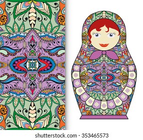 Russian doll fun toy souvenir and seamless geometric floral pattern. Decorative elements for card or invitation, fabric or paper print. Hand drawn vector illustration.