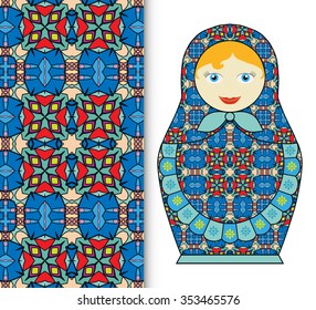 Russian doll fun toy souvenir and seamless geometric floral pattern. Decorative elements for card or invitation, fabric or paper print. Hand drawn vector illustration.