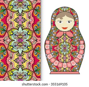 Russian doll fun toy souvenir and seamless geometric floral pattern. Decorative elements for card or invitation, fabric or paper print. Hand drawn vector illustration.