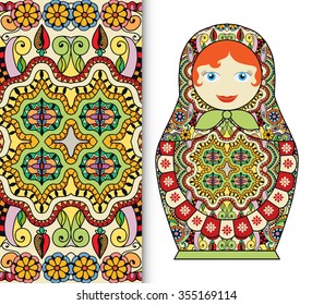 Russian doll fun toy souvenir and seamless geometric floral pattern. Decorative elements for card or invitation, fabric or paper print. Hand drawn vector illustration.