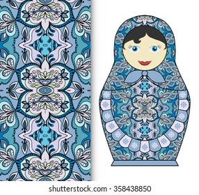 Russian doll fun toy souvenir and seamless geometric floral pattern. Decorative elements for card or invitation, fabric or paper print. Hand drawn vector illustration.