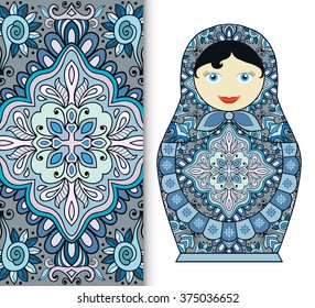 Russian doll fun toy souvenir and seamless geometric floral pattern. Decorative elements for card or invitation, fabric or paper print. Hand drawn vector illustration.