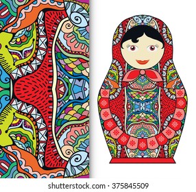 Russian doll fun toy souvenir and seamless geometric floral pattern. Decorative elements for card or invitation, fabric or paper print. Hand drawn vector illustration.