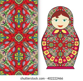 Russian doll fun toy souvenir and seamless geometric floral pattern. Decorative elements for card or invitation, fabric or paper print. Hand drawn vector illustration.