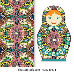 Russian doll fun toy souvenir and seamless geometric floral pattern. Decorative elements for card or invitation, fabric or paper print. Hand drawn vector illustration.
