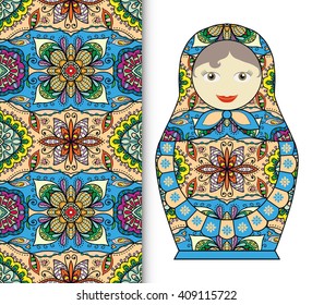 Russian doll fun toy souvenir and seamless geometric floral pattern. Decorative elements for card or invitation, fabric or paper print. Hand drawn vector illustration.
