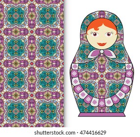 Russian doll fun toy souvenir and seamless geometric floral pattern. Decorative elements for card or invitation, fabric or paper print. Hand drawn vector illustration.