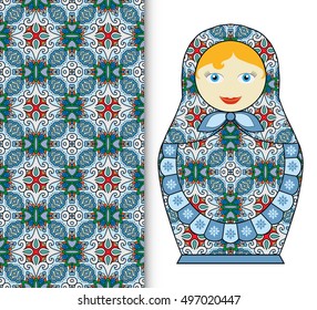 Russian doll fun toy souvenir and seamless geometric floral pattern. Decorative elements for card or invitation, fabric or paper print. Hand drawn vector illustration.