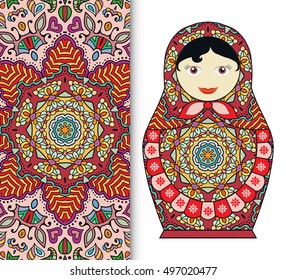 Russian doll fun toy souvenir and seamless geometric floral pattern. Decorative elements for card or invitation, fabric or paper print. Hand drawn vector illustration.