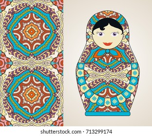 Russian doll fun toy souvenir and seamless geometric floral doodle pattern. Decorative elements for card or invitation, fabric or paper print. Hand drawn vector illustration.