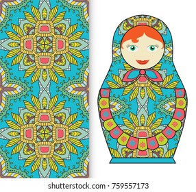 Russian doll fun toy souvenir and seamless geometric floral doodle pattern. Decorative elements for card or invitation, fabric or paper print. Hand drawn vector illustration.