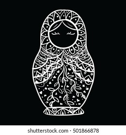 Russian doll isolated on black background. Doodle icon