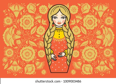 Russian doll Matrena and floral pattern in Russian style. Vector ornament with flowers and leaves for prints. Elements design for package.