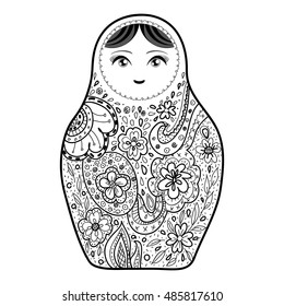 Russian doll matrioshka Babushka sketch smiling face black outline isolated on white background for site, blog, coloring book, fabric. Vector 