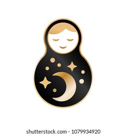 Russian doll matrioshka Babushka smiling Kawaii cute face, Stars, moon, constellation, night sky. Black gold isolated on white background for fashion patches badges. Vector