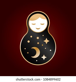 Russian doll matrioshka Babushka smiling Kawaii cute face, Stars, moon, constellation, night sky. Black gold on brown background for fashion patches badges. Vector