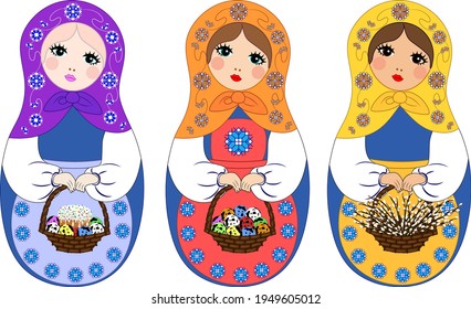 Russian doll matryoshka, grandmother's doll. The doll holds a basket with colored eggs, willow twigs and a cake for the Easter holiday. 