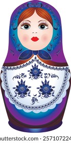 Russian doll matryoshka Russian souvenir on an isolated white background. Beautiful and cheerful wooden doll. Grandmother. Decorative flower painting. Present. Sample. Vector 