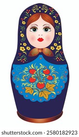 Russian doll matryoshka souvenir on isolated white background. Beautiful and cheerful wooden doll. Grandmother. Floral painting. Gift. Sample. Slavic symbol. Vector 