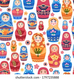 Russian doll pattern. Textile design with authentic russian floral decoration on female toys vector seamless background