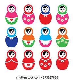 Russian doll, retro babushka vector colorful icons set 