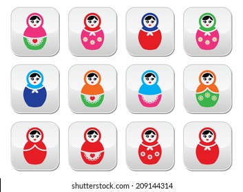 Russian doll, retro babushka vector colorful buttons set