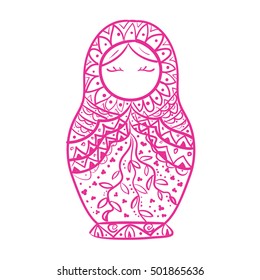 Russian doll, retro babushka vector icon, 
pink pattern on the doll, design matryoshka. Logotip. Doodle